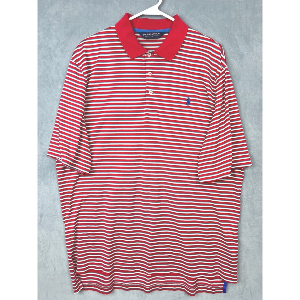 Polo Golf Ralph Lauren Mens Large Red Striped Pima Cotton Polo Shirt Short Slv